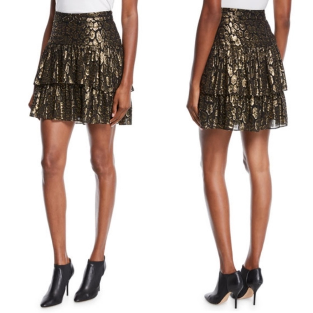 A.L.C. Baxter Tiered Metallic Gold Ruffle Cheetah Animal Print Skirt